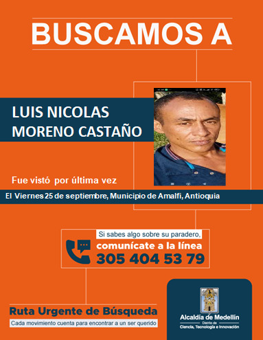 Buscan a Luis Nicolás Moreno Castaño, desaparecido en Amalfi, Antioquia