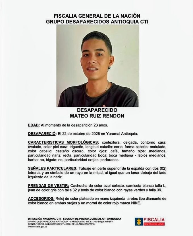 En el municipio de Yarumal, están buscando a Mateo, un joven de 23 años que está desaparecido 1 En el municipio de Yarumal, están buscando a Mateo, un joven de 23 años que está desaparecido
