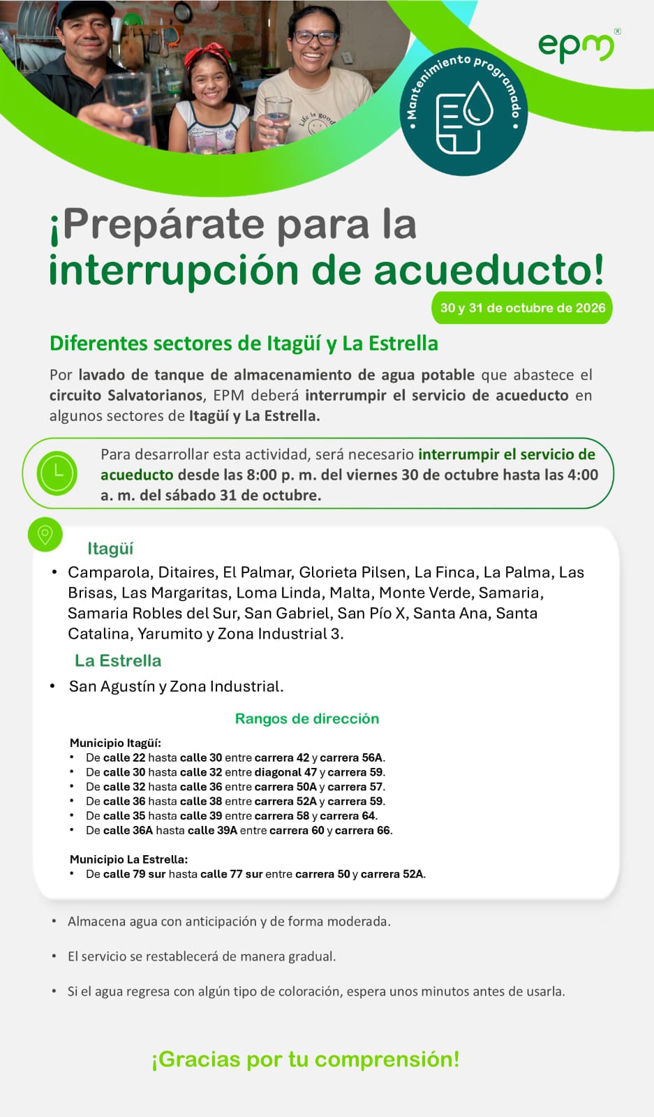 Corte de agua en Itagüí y La Estrella: conozca las zonas y los horarios del servicio